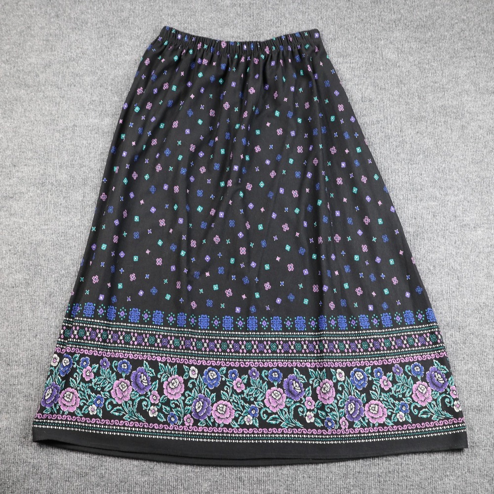 Bella‎ Flora Skirt Womens Size 34 Black Floral Border Elastic Waist Made USA